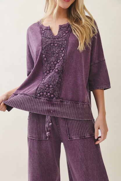 Mineral Washed Boho Trim V-Neck Top | Eggplant Boutique Pullover