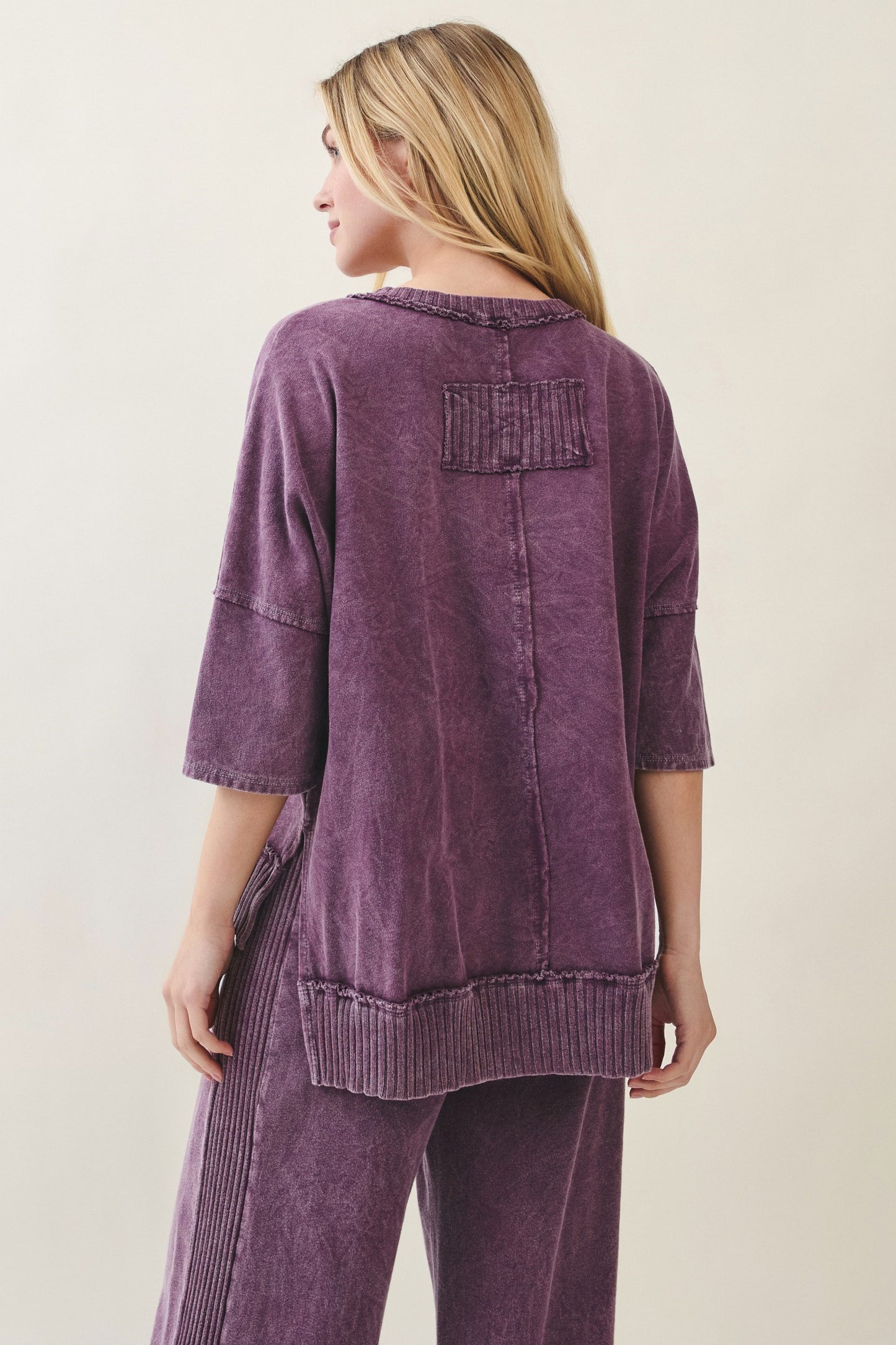 Mineral Washed Boho Trim V-Neck Top | Eggplant Boutique Pullover