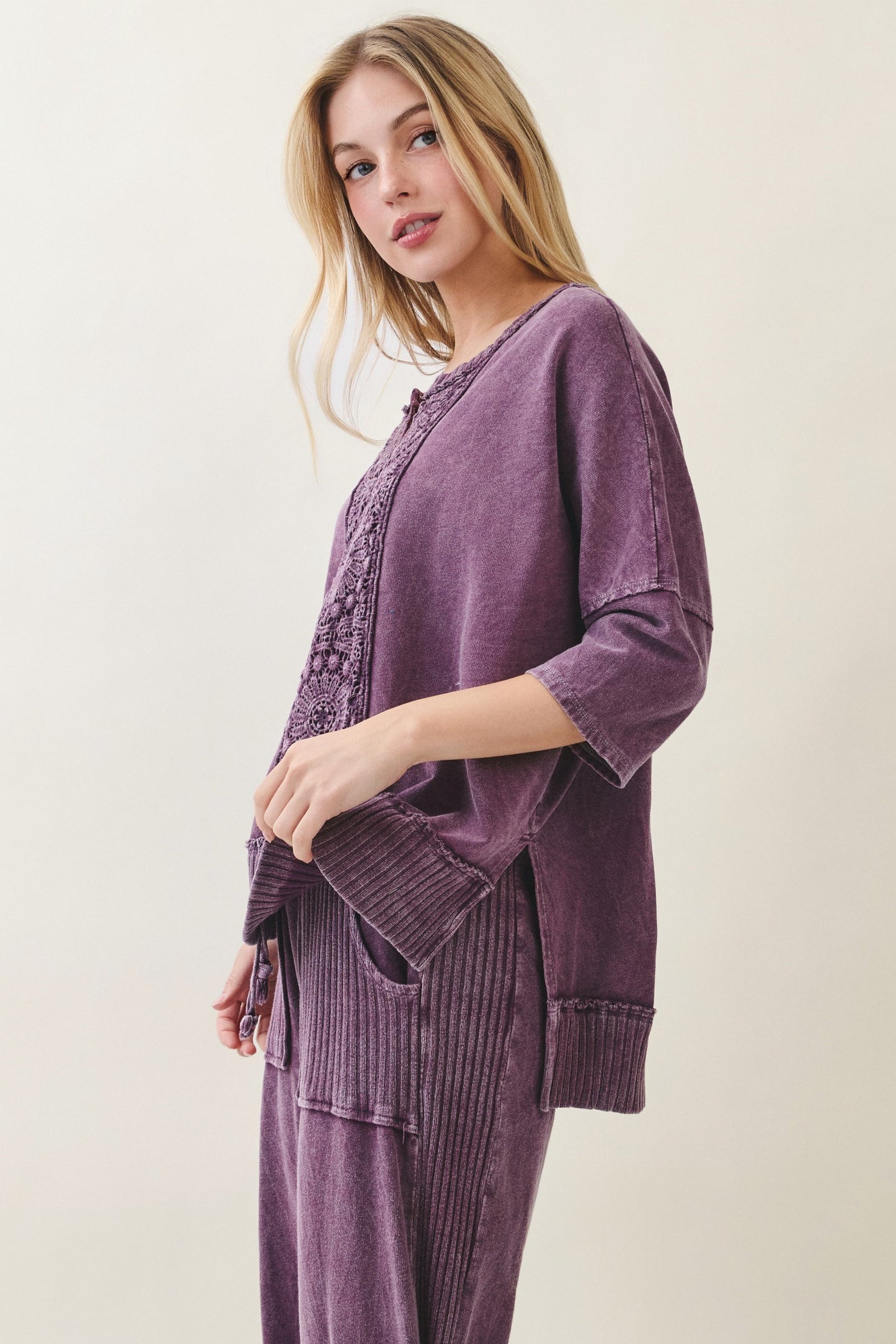 Mineral Washed Boho Trim V-Neck Top | Eggplant Boutique Pullover