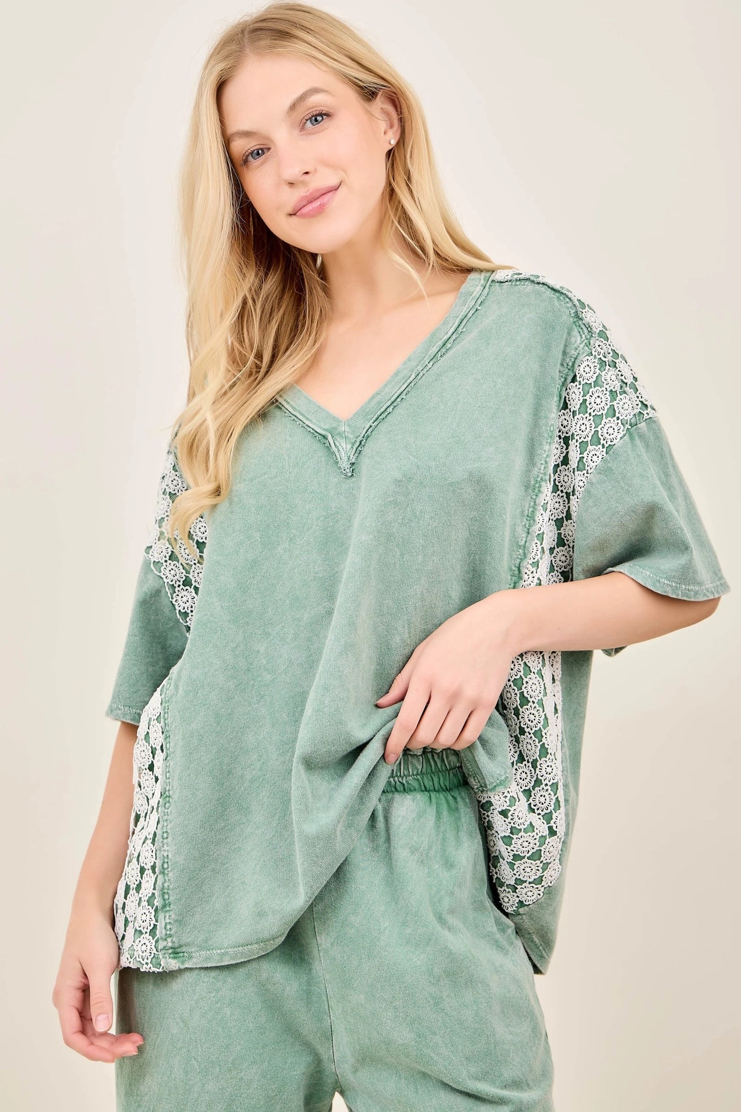 Mineral Washed Flower Daisy Trim V-Neck Blouse | Sage Floral Boutique Top