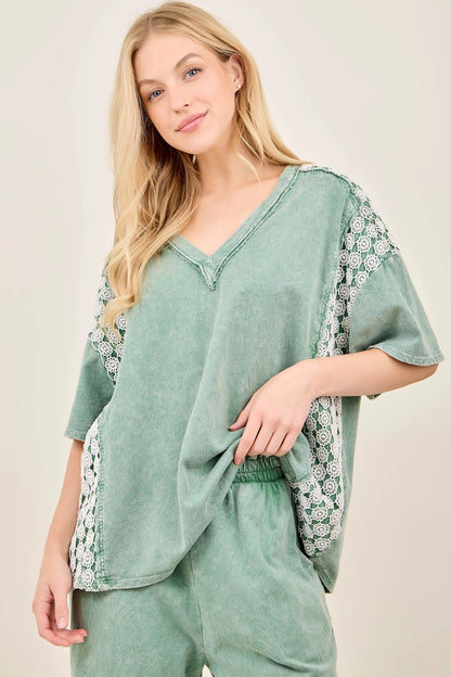 Mineral Washed Flower Daisy Trim V-Neck Blouse | Sage Floral Boutique Top