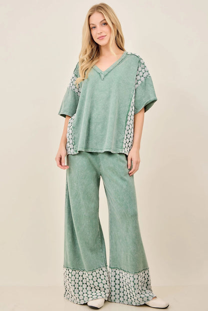 Mineral Washed Flower Daisy Trim V-Neck Blouse | Sage Floral Boutique Top