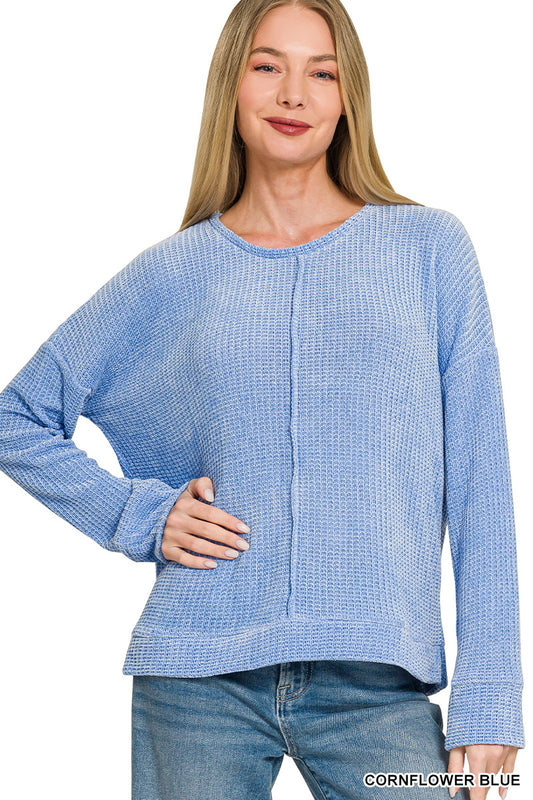Zenana Cornflower Blue Chenille Waffle Sweater | Center Seam Crewneck Pullover