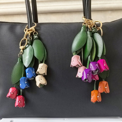 Genuine Leather Tulip Bag Charm – Handmade Floral Keychain Purse Accessory for Women