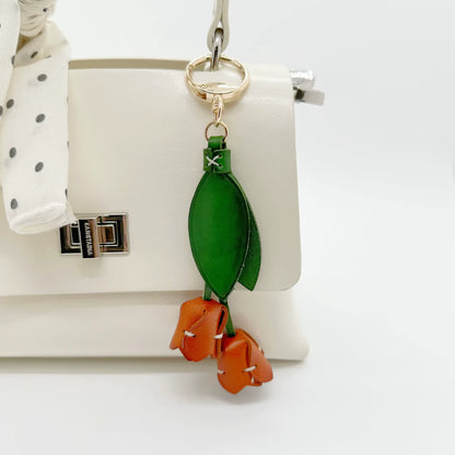 Genuine Leather Tulip Bag Charm – Handmade Floral Keychain Purse Accessory for Women