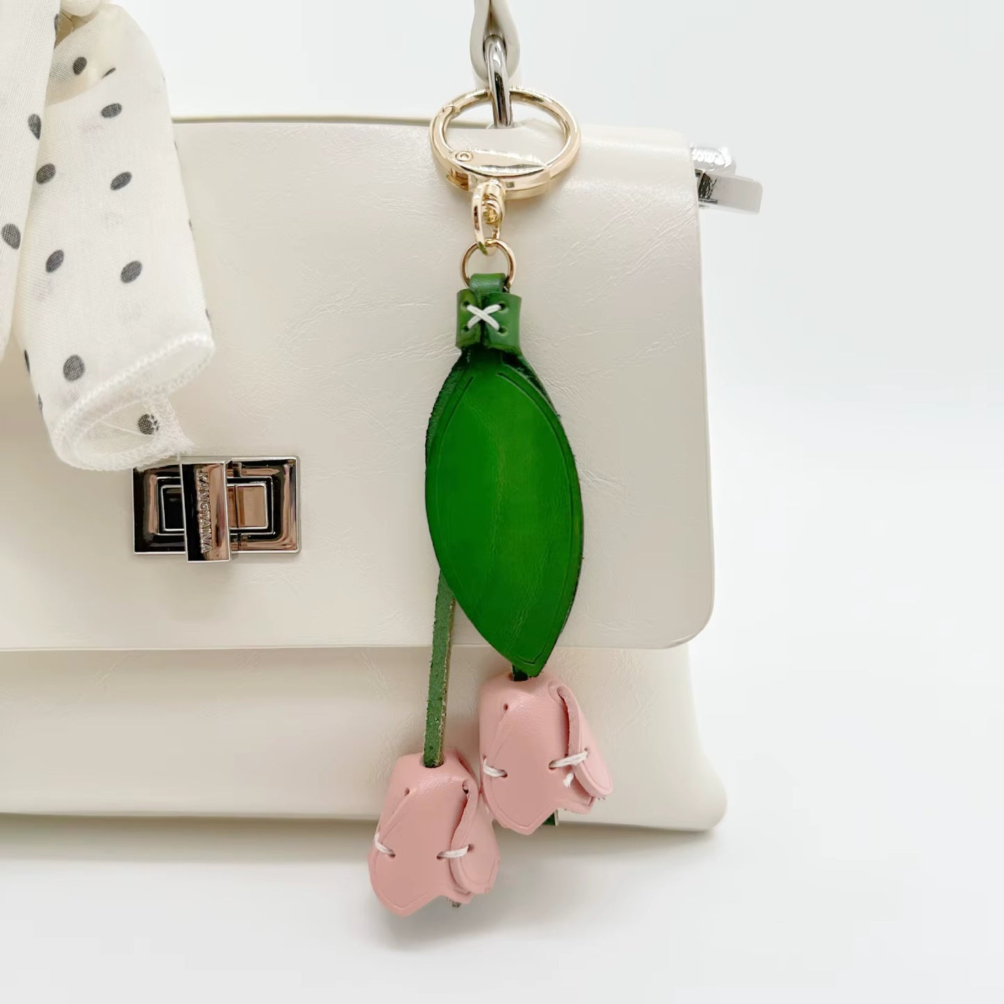 Genuine Leather Tulip Bag Charm – Handmade Floral Keychain Purse Accessory for Women