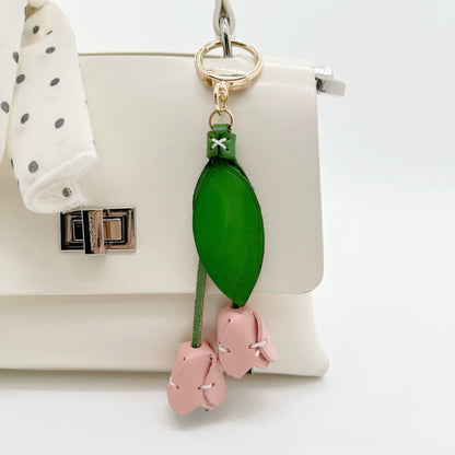 Genuine Leather Tulip Bag Charm – Handmade Floral Keychain Purse Accessory for Women