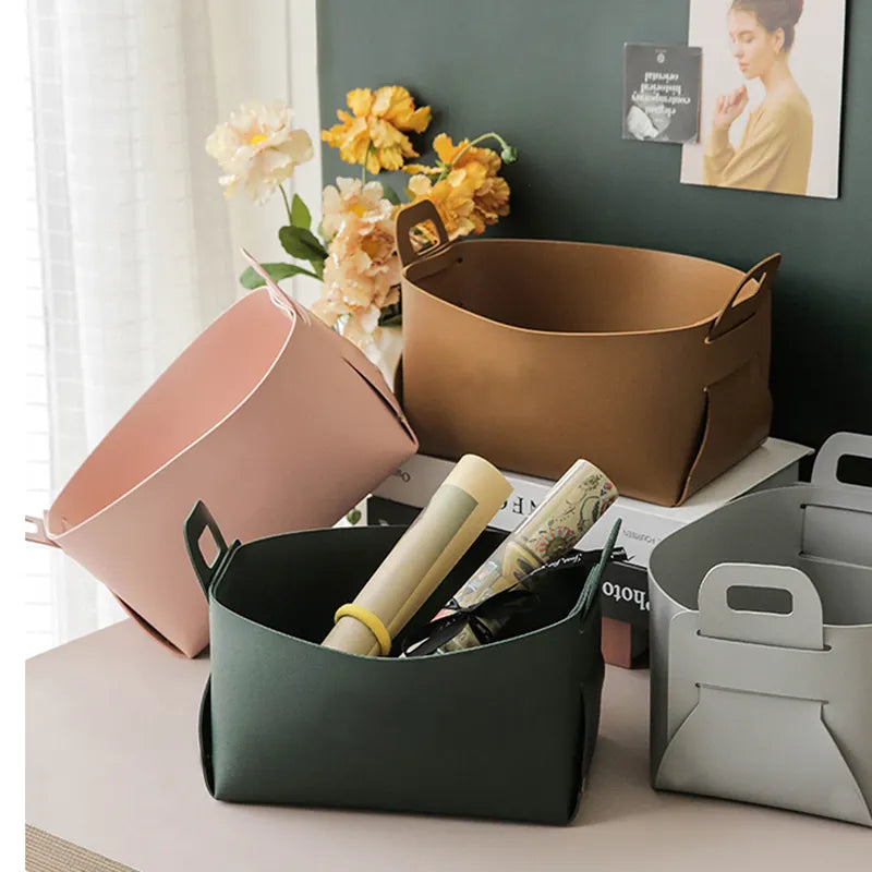 Leather Desktop Storage Organizer Cosmetics Storage Box Foldable Storage Basket With Handle