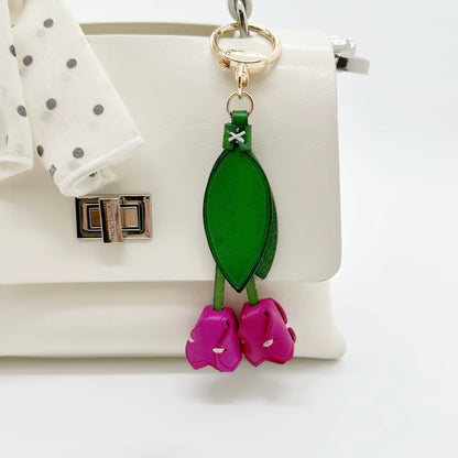 Genuine Leather Tulip Bag Charm – Handmade Floral Keychain Purse Accessory for Women