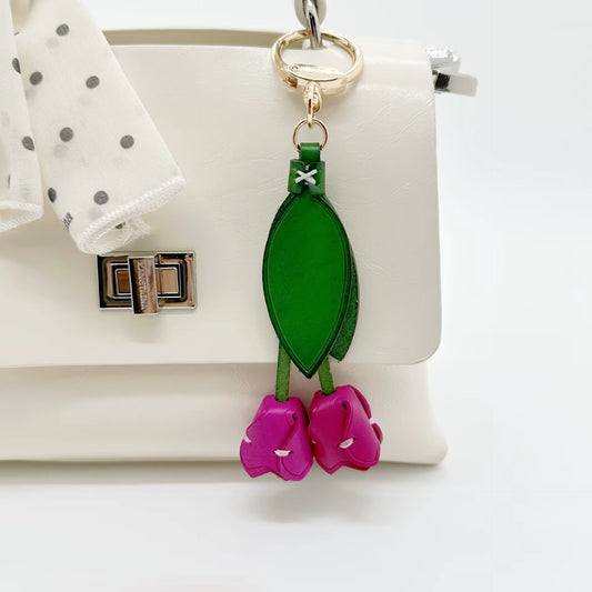 Genuine Leather Tulip Bag Charm – Handmade Floral Keychain Purse Accessory for Women