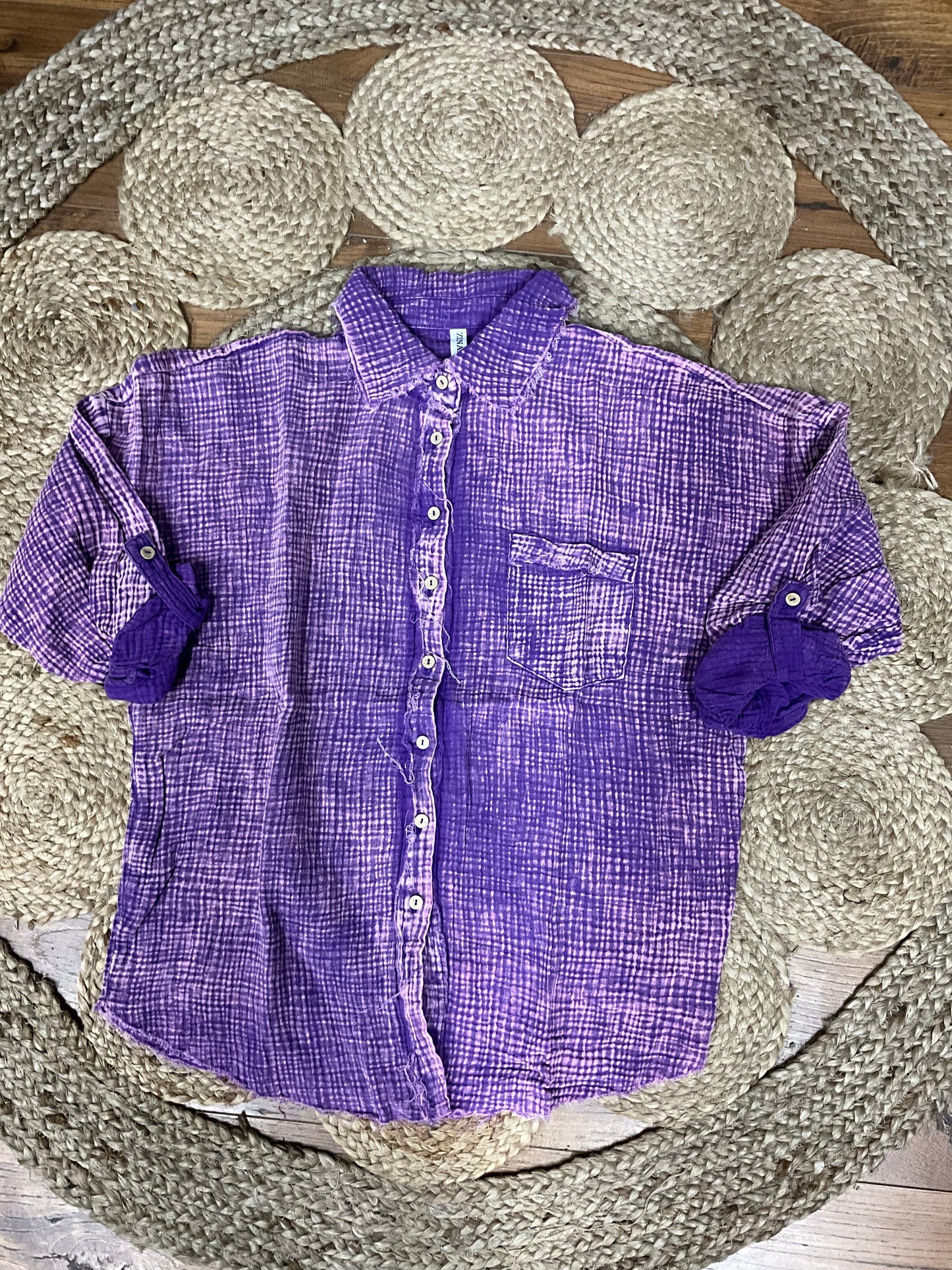 Zenana Distressed Muslim Button Up