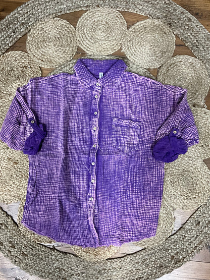 Zenana Distressed Double Gauze Button Up