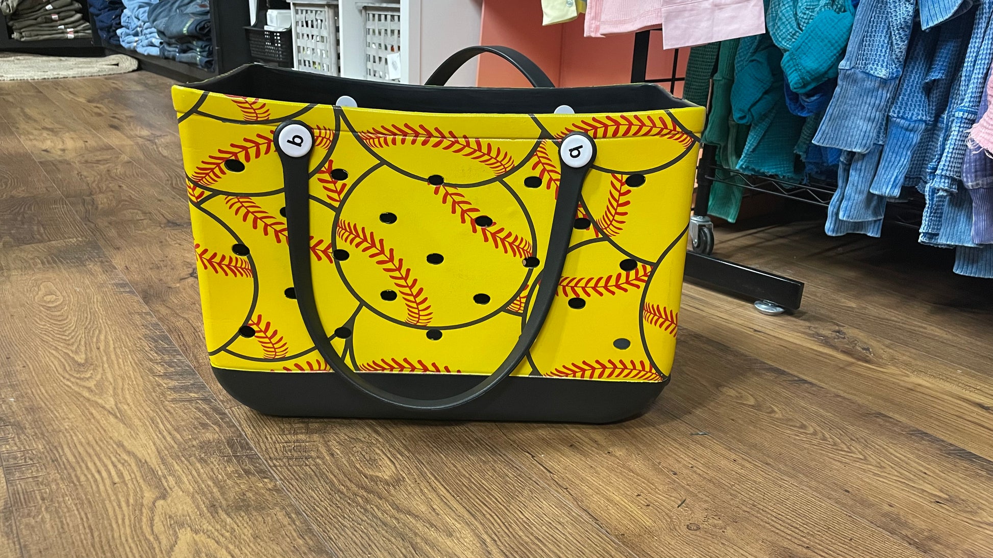 Yellow tote bag with black softball pattern