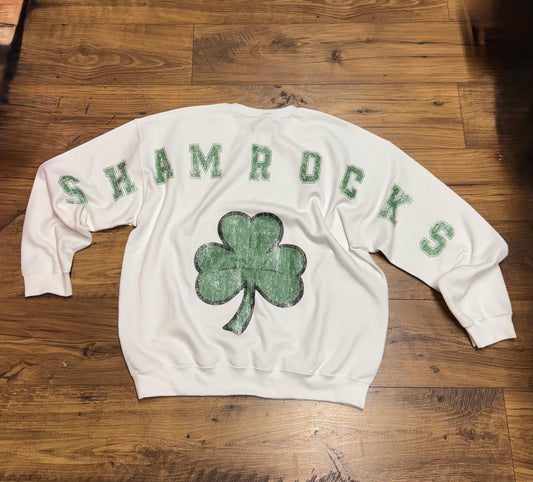 Shamrocks Chunky Letter Crewneck Sweatshirt with Distressed Shamrock