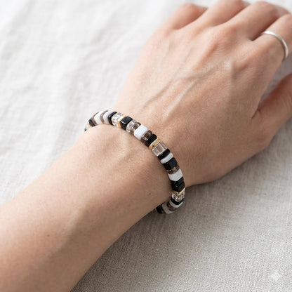 Dusk Candy Bracelet | Black & White Stretch Tile Bead Bracelet