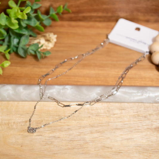 Silver Layered Chain Necklace with Crystal Pendant