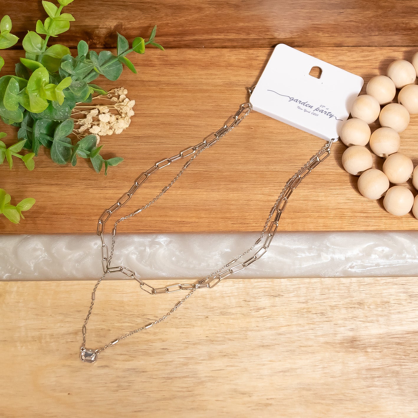 Silver Layered Chain Necklace with Crystal Pendant