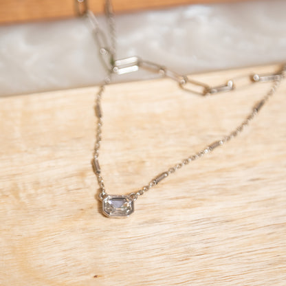 Silver Layered Chain Necklace with Crystal Pendant