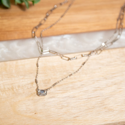 Silver Layered Chain Necklace with Crystal Pendant