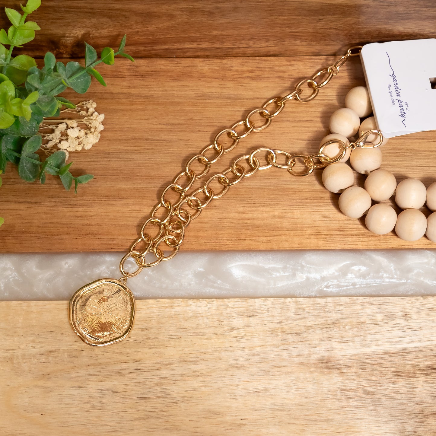 Gold Chunky Chain Necklace with Organic Coin Pendant