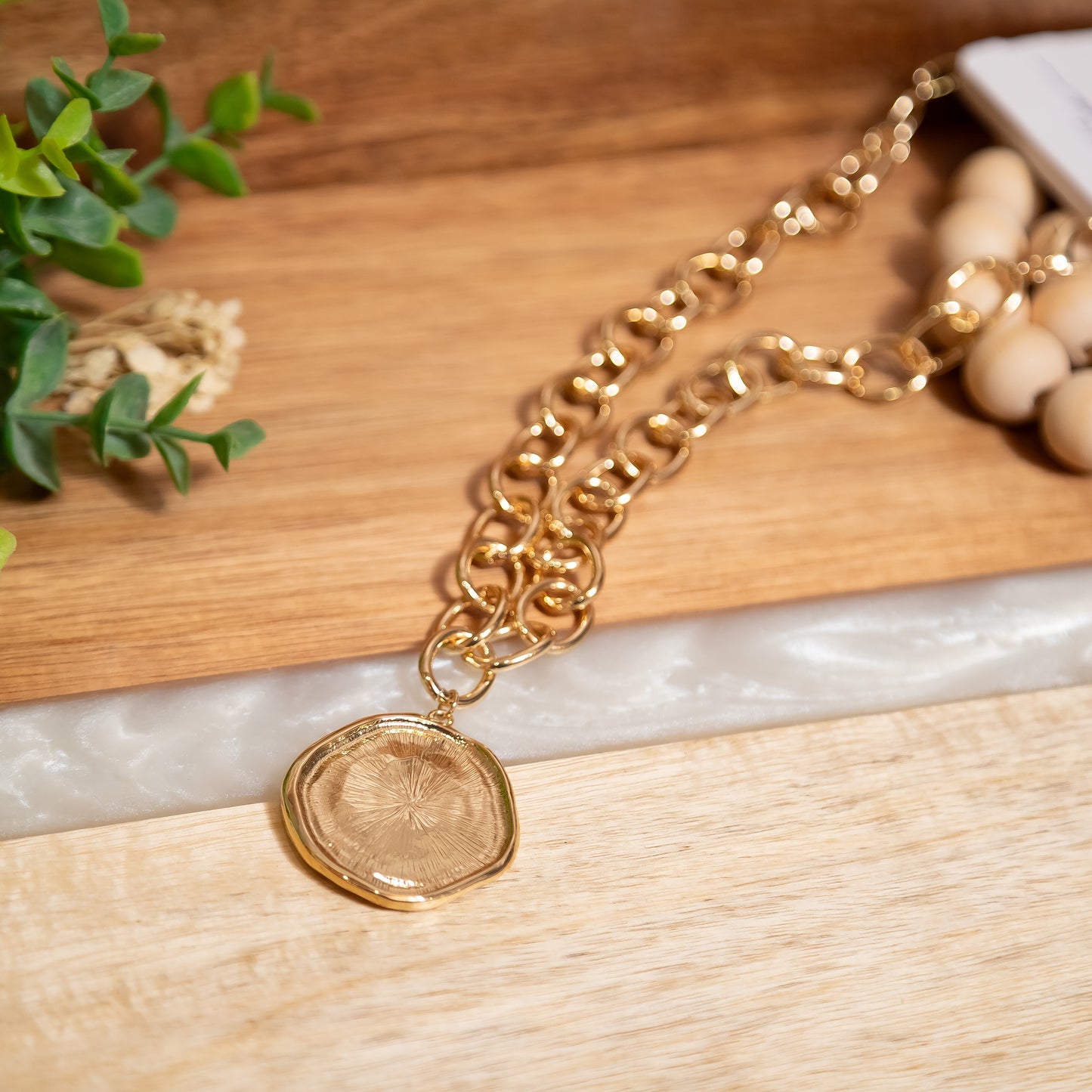 Gold Chunky Chain Necklace with Organic Coin Pendant