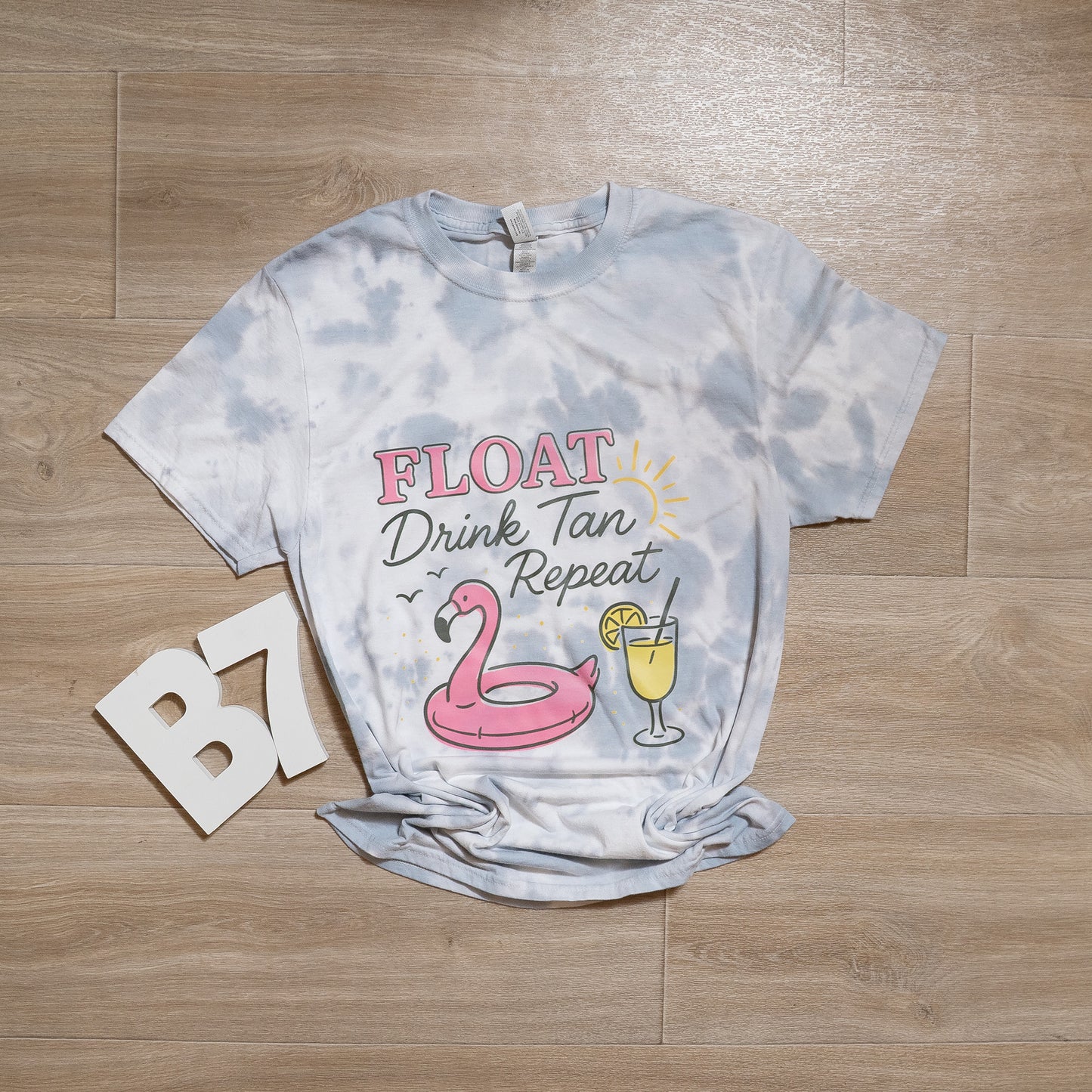 Float Drink Tan Repeat Tee – Summer Pool Flamingo Tie-Dye Graphic Shirt