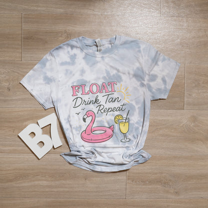 Float Drink Tan Repeat Tee – Summer Pool Flamingo Tie-Dye Graphic Shirt
