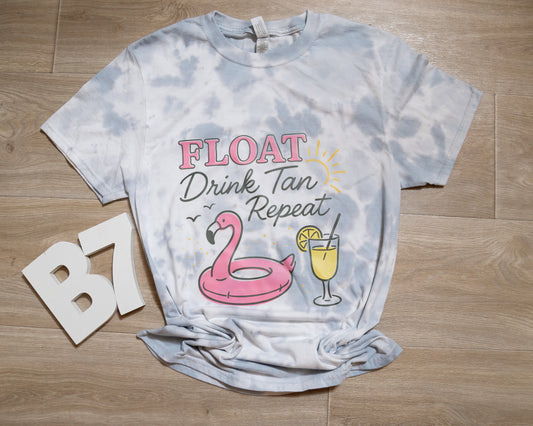 Float Drink Tan Repeat Tee – Summer Pool Flamingo Tie-Dye Graphic Shirt