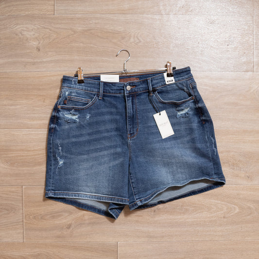 Judy Blue Dad Shorts – Mid-Rise Destroyed Denim with Yoke Cell‑Phone Pocket & Faux Selvedge Cuff