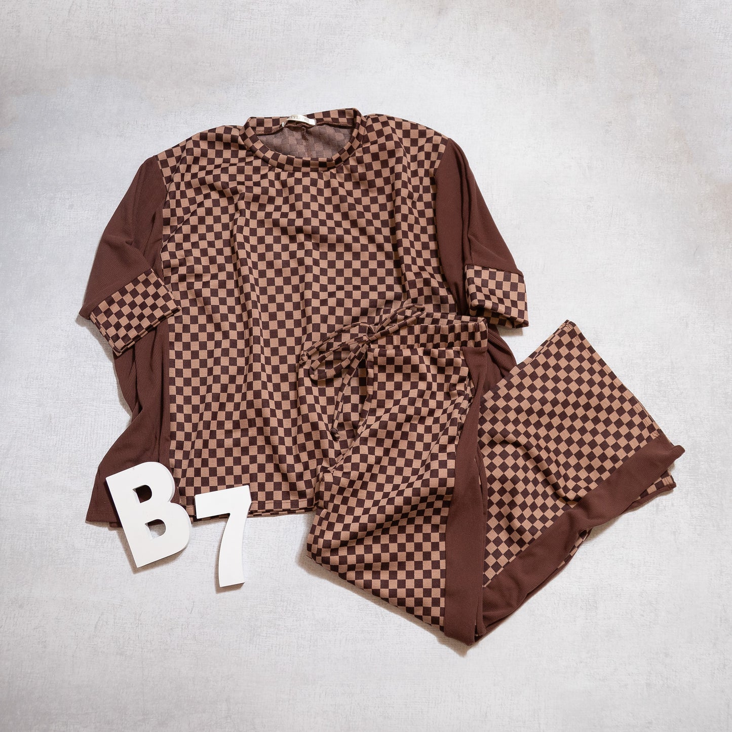 Oversized Checkerboard Block Tee – Black/White or Brown/Taupe (S–3X)