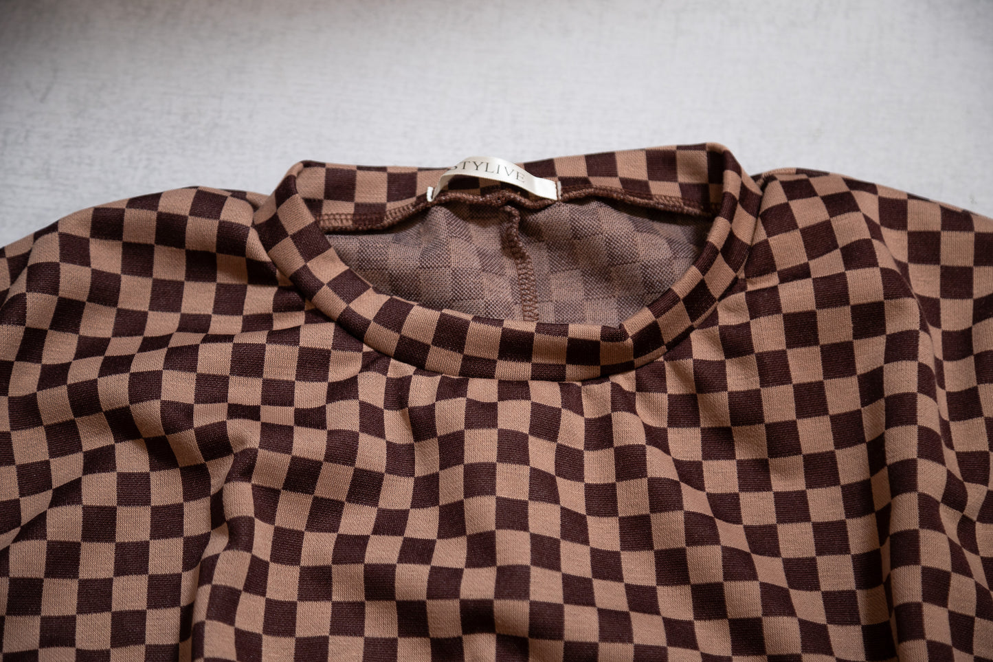 Oversized Checkerboard Block Tee – Black/White or Brown/Taupe (S–3X)