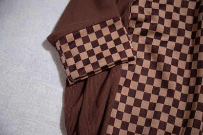 Oversized Checkerboard Block Tee – Black/White or Brown/Taupe (S–3X)