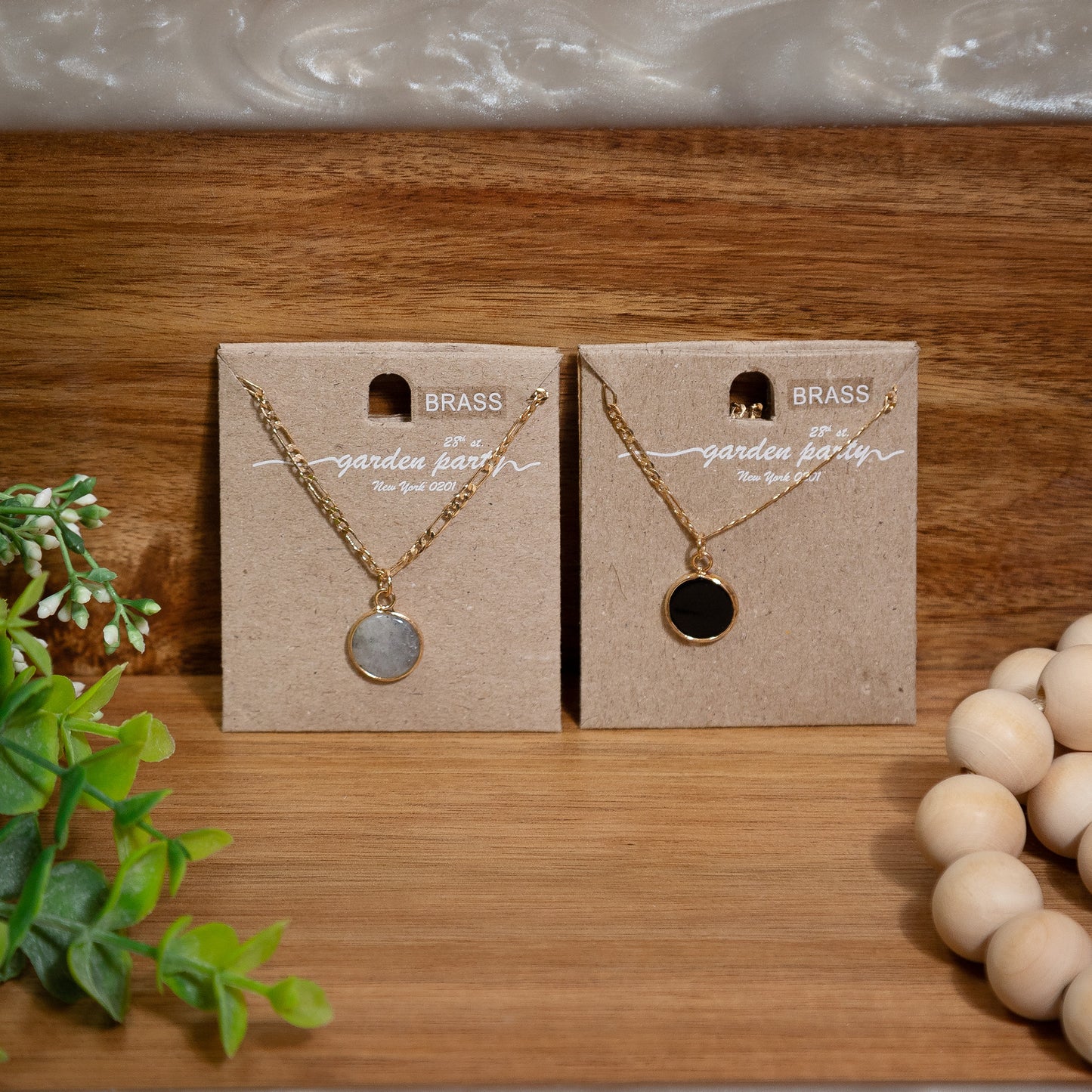 Golden Circle Pendant Necklace – Black Onyx or Labradorite