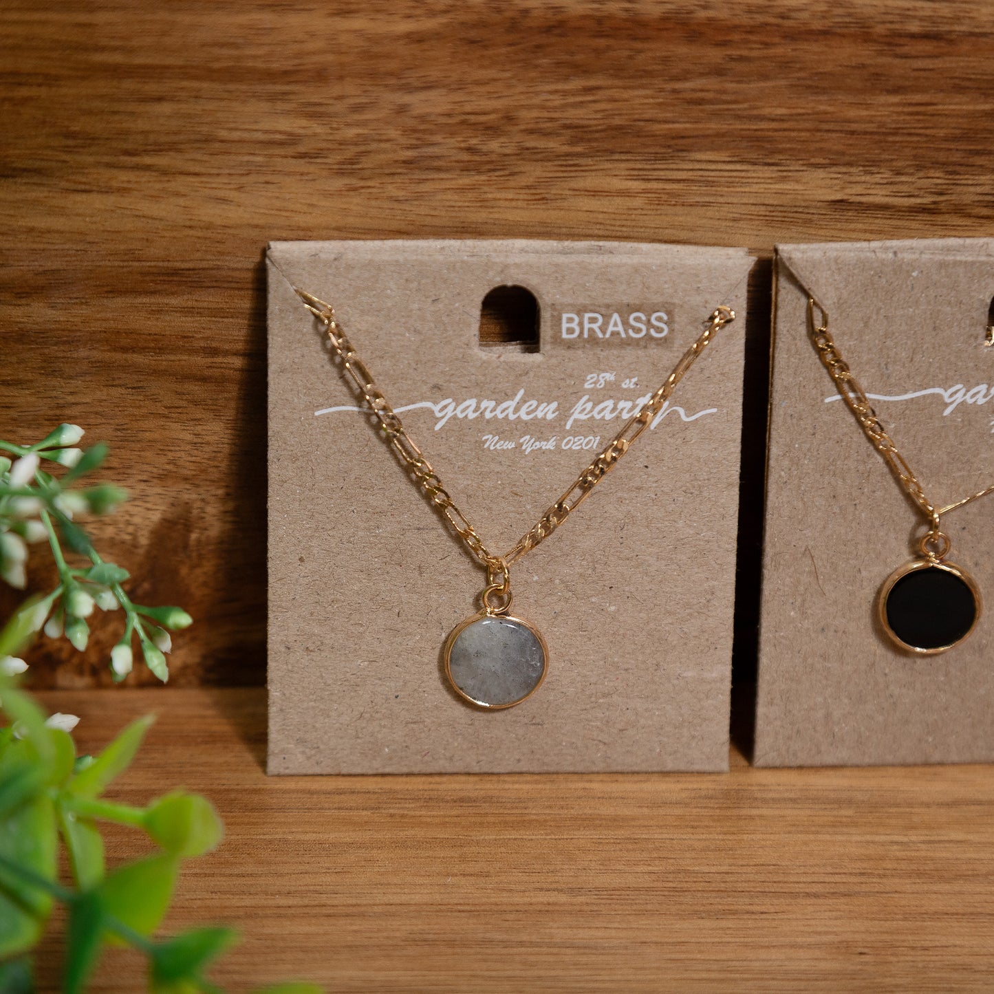 Golden Circle Pendant Necklace – Black Onyx or Labradorite