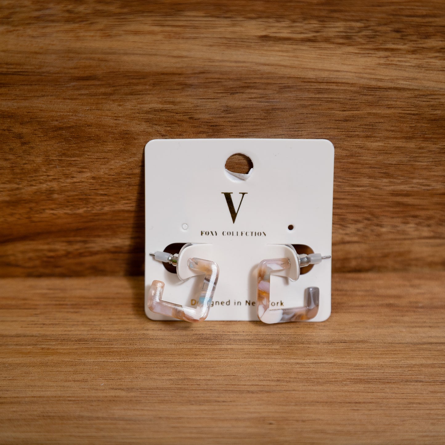 Blush & Ivory Marbled Acrylic Square Hoop Earrings