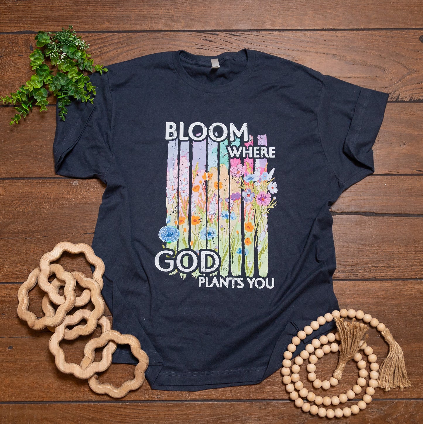 Bloom Where God Plants You Graphic Tee | Navy Tultex Christian Floral T-Shirt