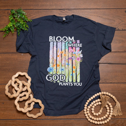 Bloom Where God Plants You Graphic Tee | Navy Tultex Christian Floral T-Shirt