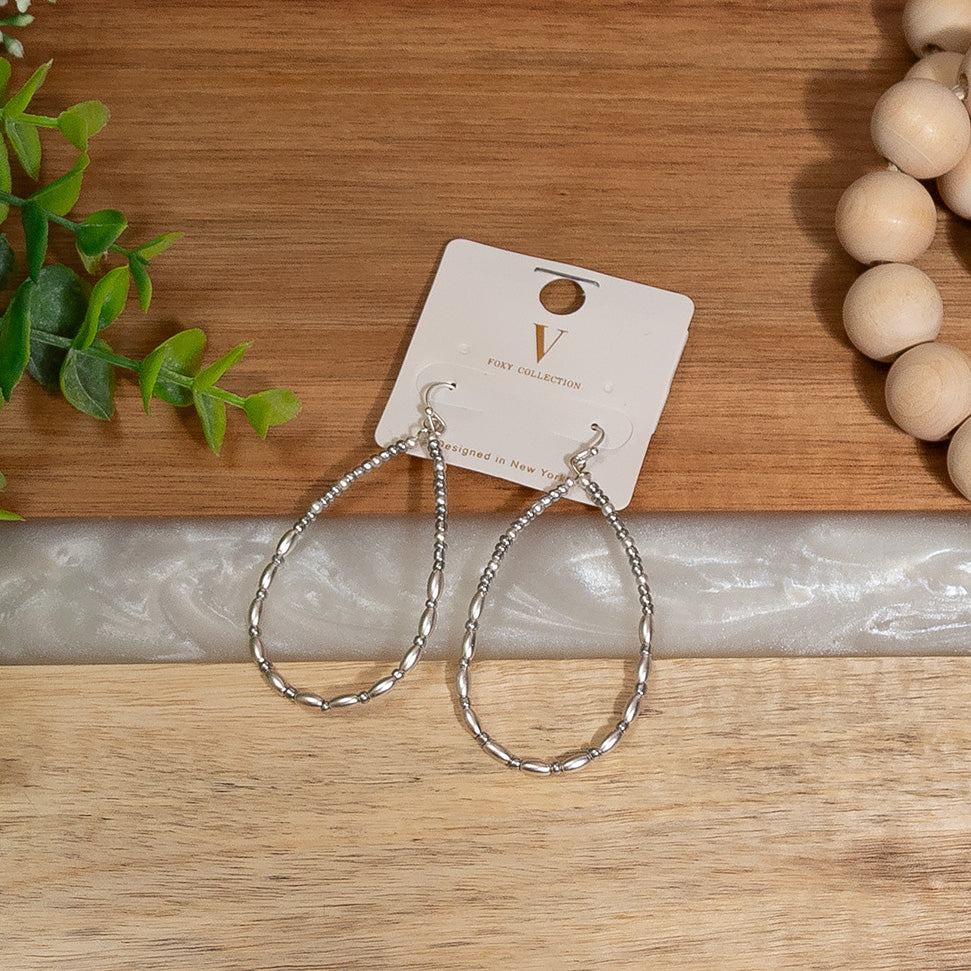 Silver Beaded Teardrop Hoop Earrings