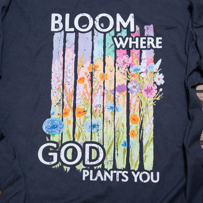 Bloom Where God Plants You Graphic Tee | Navy Tultex Christian Floral T-Shirt