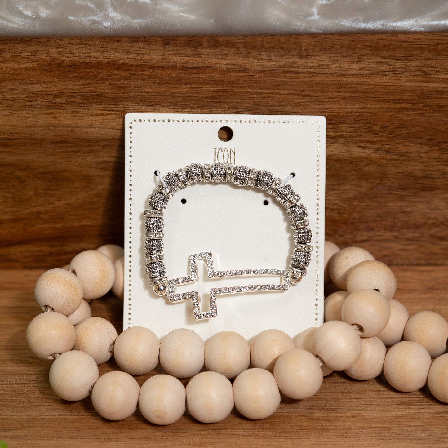 Faith & Sparkle Cross Bracelet – Rhinestone Silver Beaded Stretch