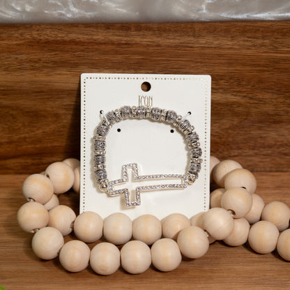 Faith & Sparkle Cross Bracelet – Rhinestone Silver Beaded Stretch