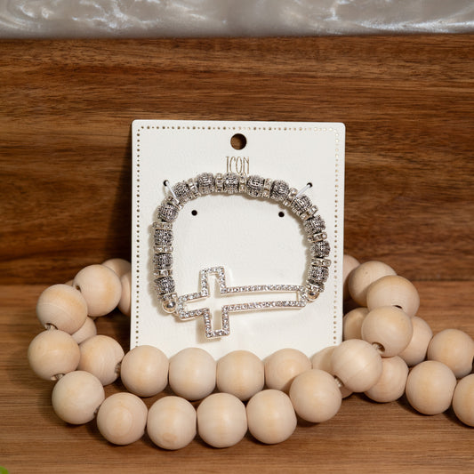 Faith & Sparkle Cross Bracelet – Rhinestone Silver Beaded Stretch