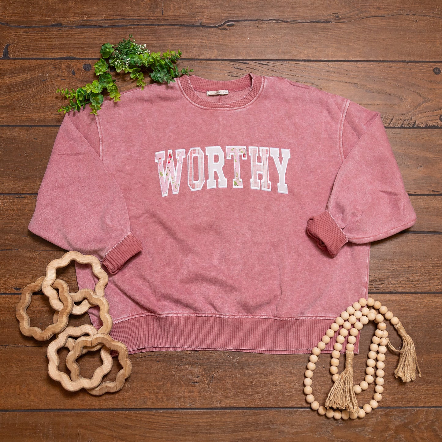 Worthy in Bloom Appliqué Crewneck | Mineral Wash Faith Statement Sweatshirt