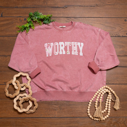 Worthy in Bloom Appliqué Crewneck | Mineral Wash Faith Statement Sweatshirt