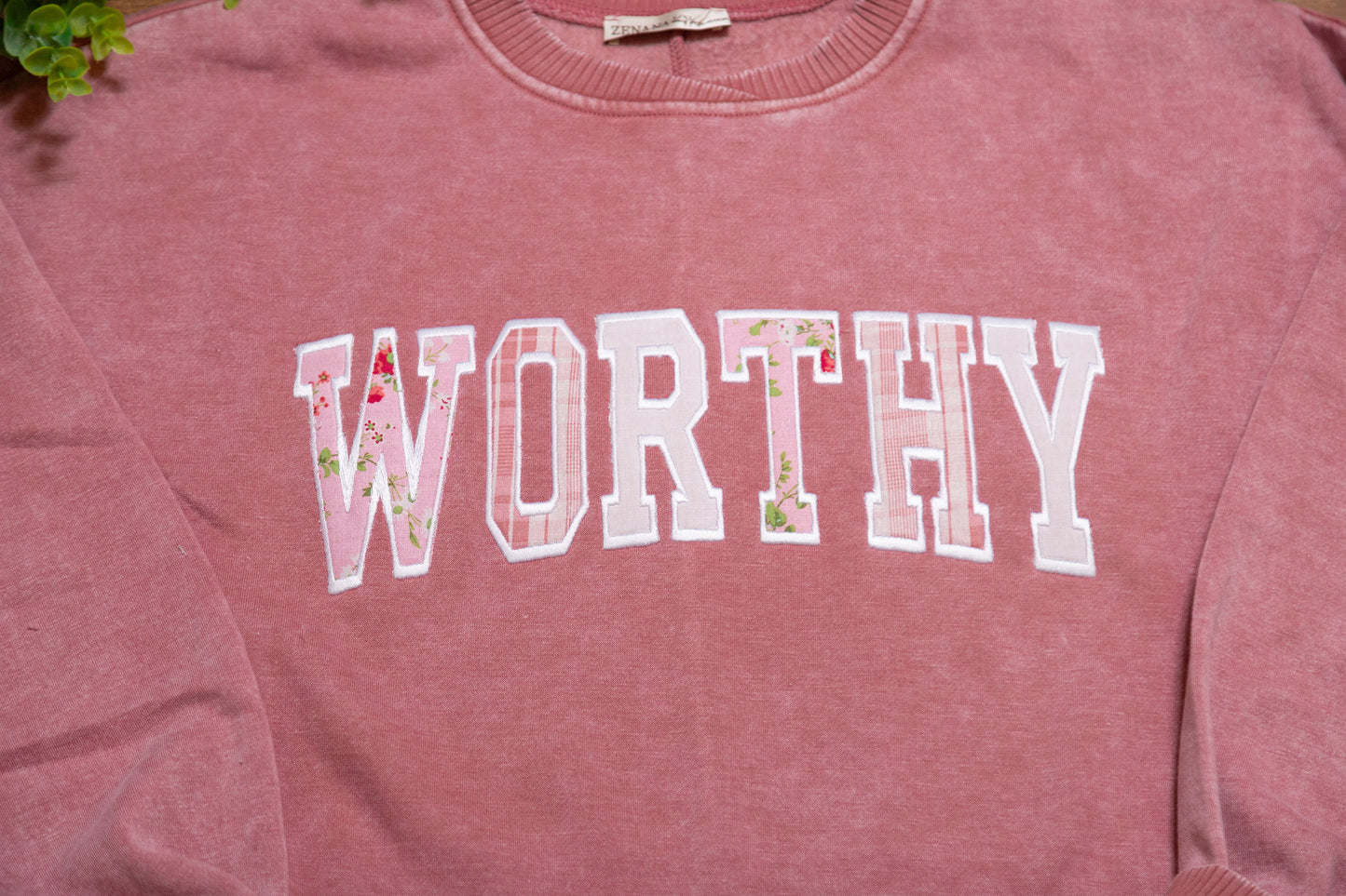 Worthy in Bloom Appliqué Crewneck | Mineral Wash Faith Statement Sweatshirt