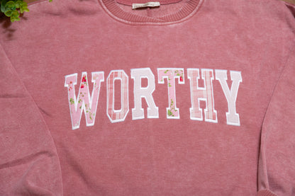 Worthy in Bloom Appliqué Crewneck | Mineral Wash Faith Statement Sweatshirt