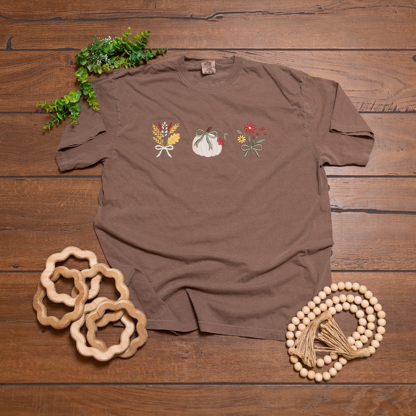 Autumn Stitches Comfort Colors Tee | Fall Embroidered Pumpkin & Floral T-Shirt