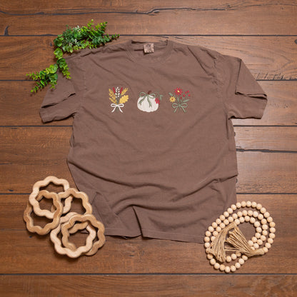 Autumn Stitches Comfort Colors Tee | Fall Embroidered Pumpkin & Floral T-Shirt