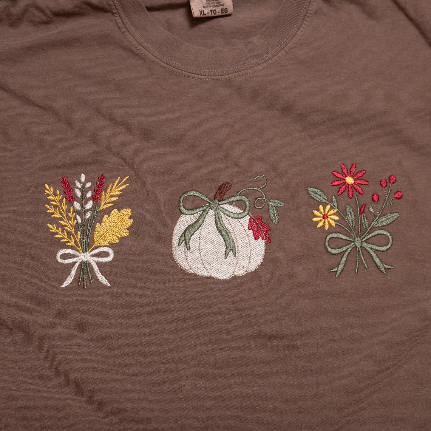 Autumn Stitches Comfort Colors Tee | Fall Embroidered Pumpkin & Floral T-Shirt
