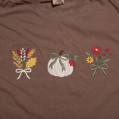 Autumn Stitches Comfort Colors Tee | Fall Embroidered Pumpkin & Floral T-Shirt